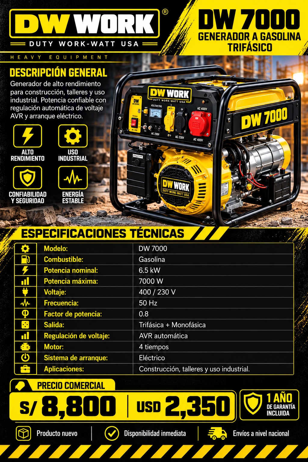 Generador DW WORK DW 7000 a gasolina trifásico